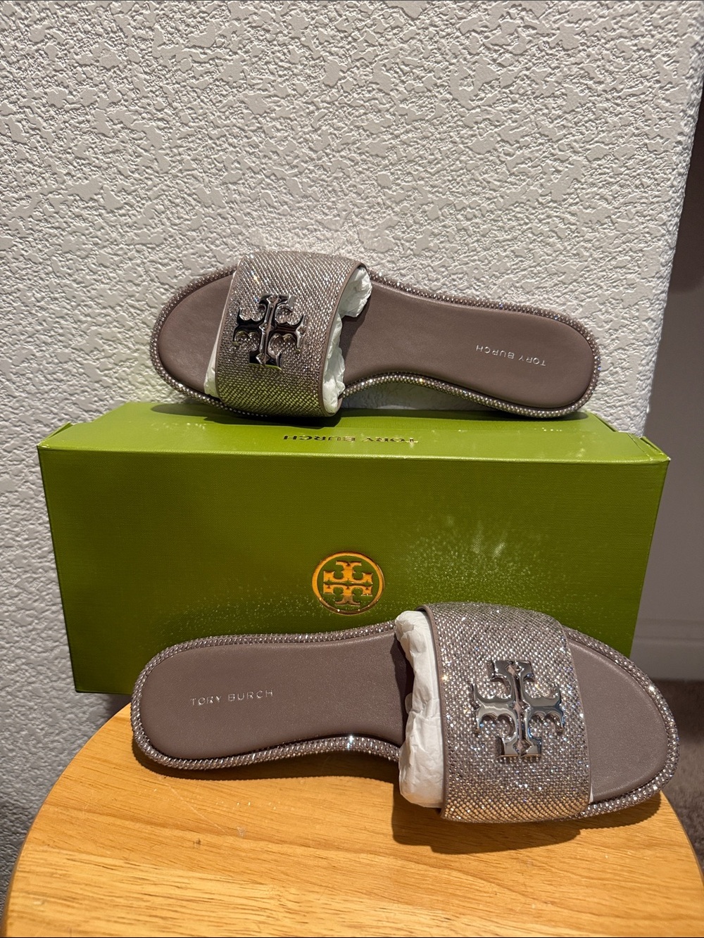Tory Burch Dark Clay Crystal Silver Everly Slide